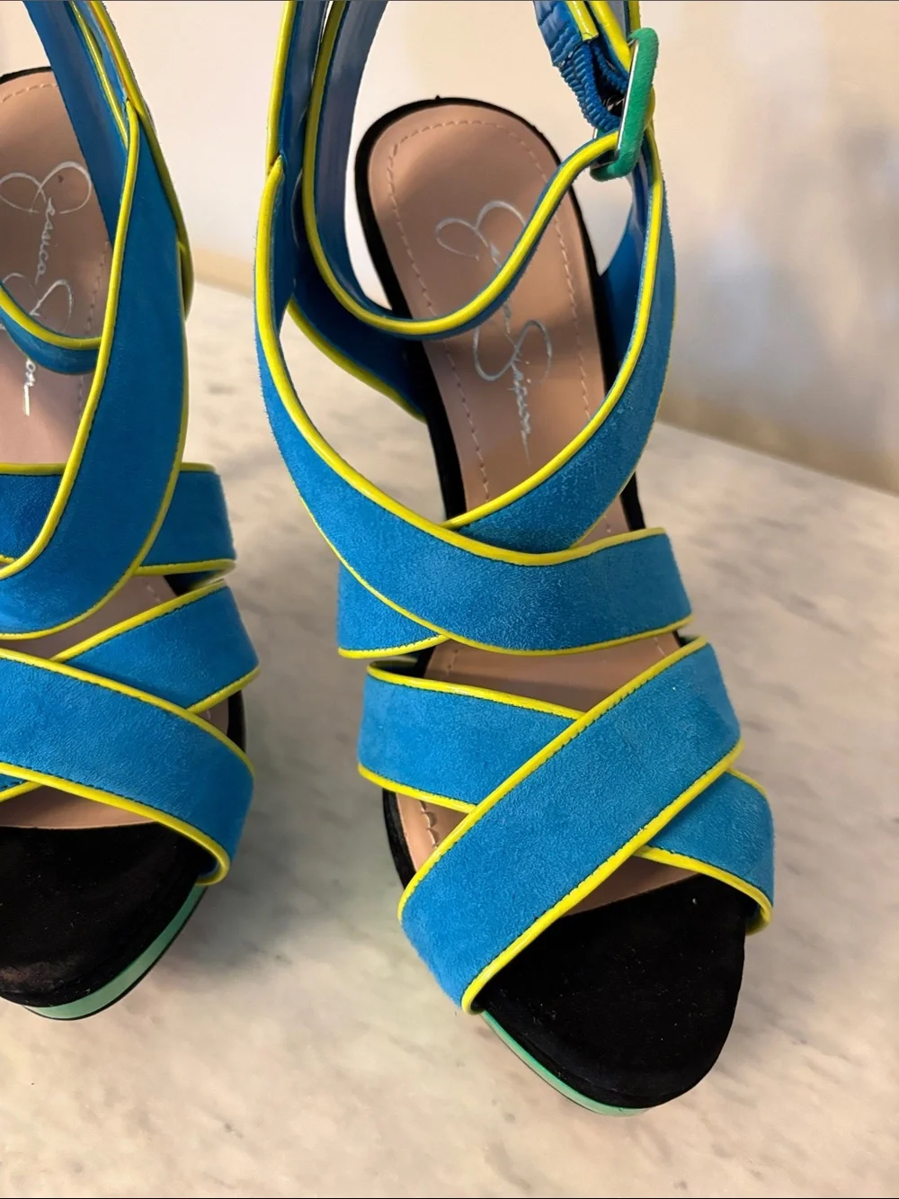 Jessica Simpson Turquoise & Green Strappy Suede Platform Heels Yellow Trim 8/38 - Picture 11 of 15